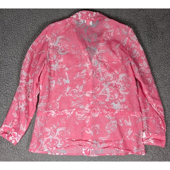Chicos Top Pink Floral Button Drawstring Collared Long Sleeve Linen Blend Sz M - Picture 2 of 11